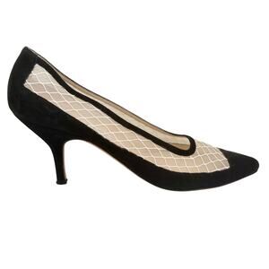 Vintage Manolo Blahnik Hand Crafted Couture Black Suede Mesh Kitten Pumps Luxury